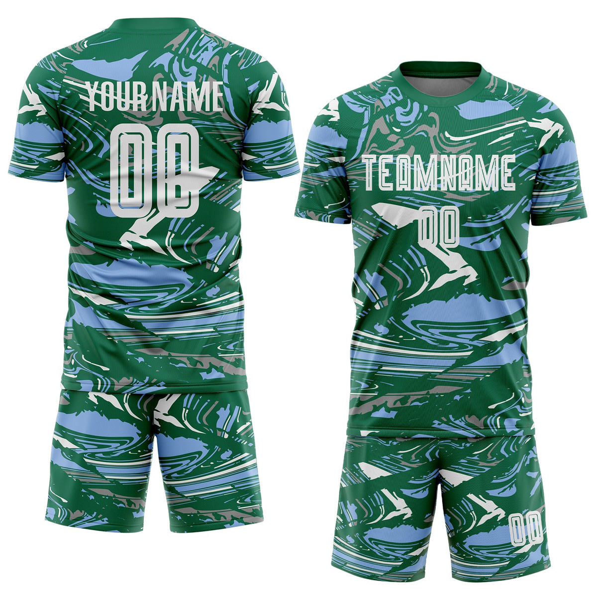 Custom Figure White Kelly Green-Light Blue Fluid Art Splash Sublimation Soccer Uniform Jersey Limited