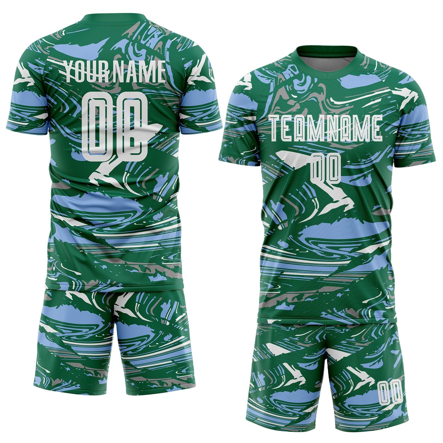 Custom Figure White Kelly Green-Light Blue Fluid Art Splash Sublimation Soccer Uniform Jersey Limited