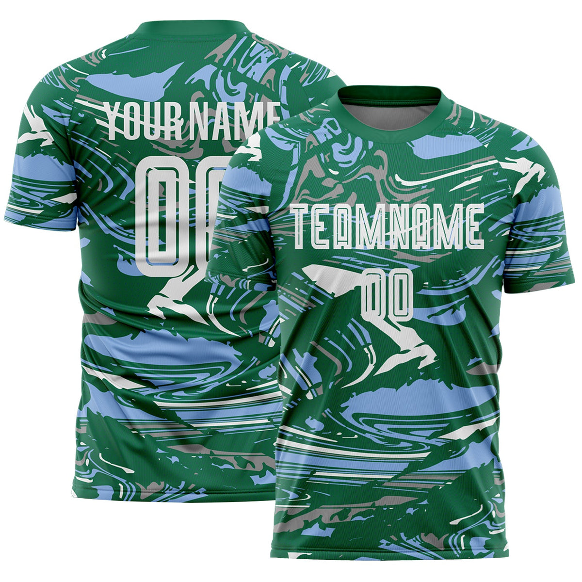 Custom Figure White Kelly Green-Light Blue Fluid Art Splash Sublimation Soccer Uniform Jersey