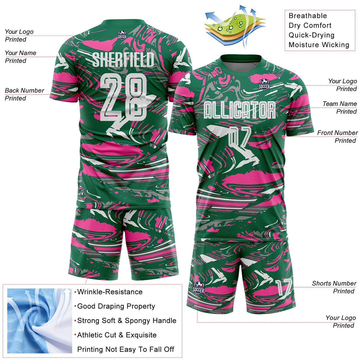 Custom Figure White Kelly Green-Pink Fluid Art Splash Sublimation Soccer Uniform Jersey Limited
