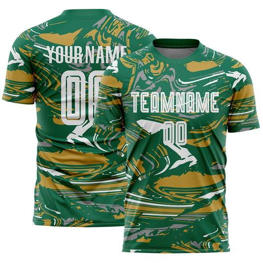 Custom Figure White Kelly Green-Old Gold Fluid Art Splash Sublimation Soccer Uniform Jersey