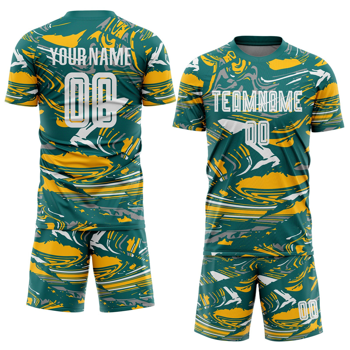 Custom Figure White Teal-Gold Fluid Art Splash Sublimation Soccer Uniform Jersey Limited