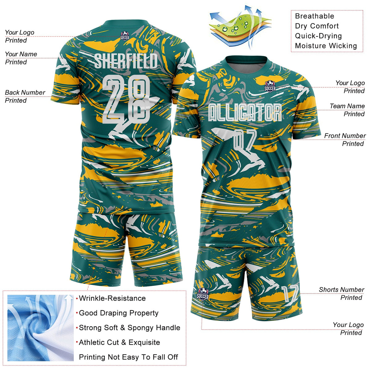 Custom Figure White Teal-Gold Fluid Art Splash Sublimation Soccer Uniform Jersey Limited