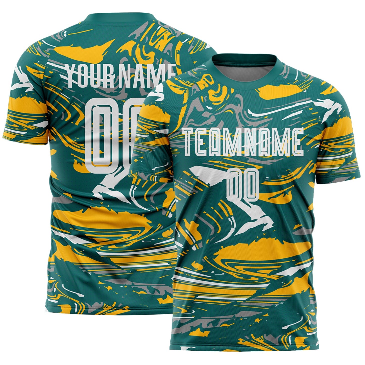 Custom Figure White Teal-Gold Fluid Art Splash Sublimation Soccer Uniform Jersey