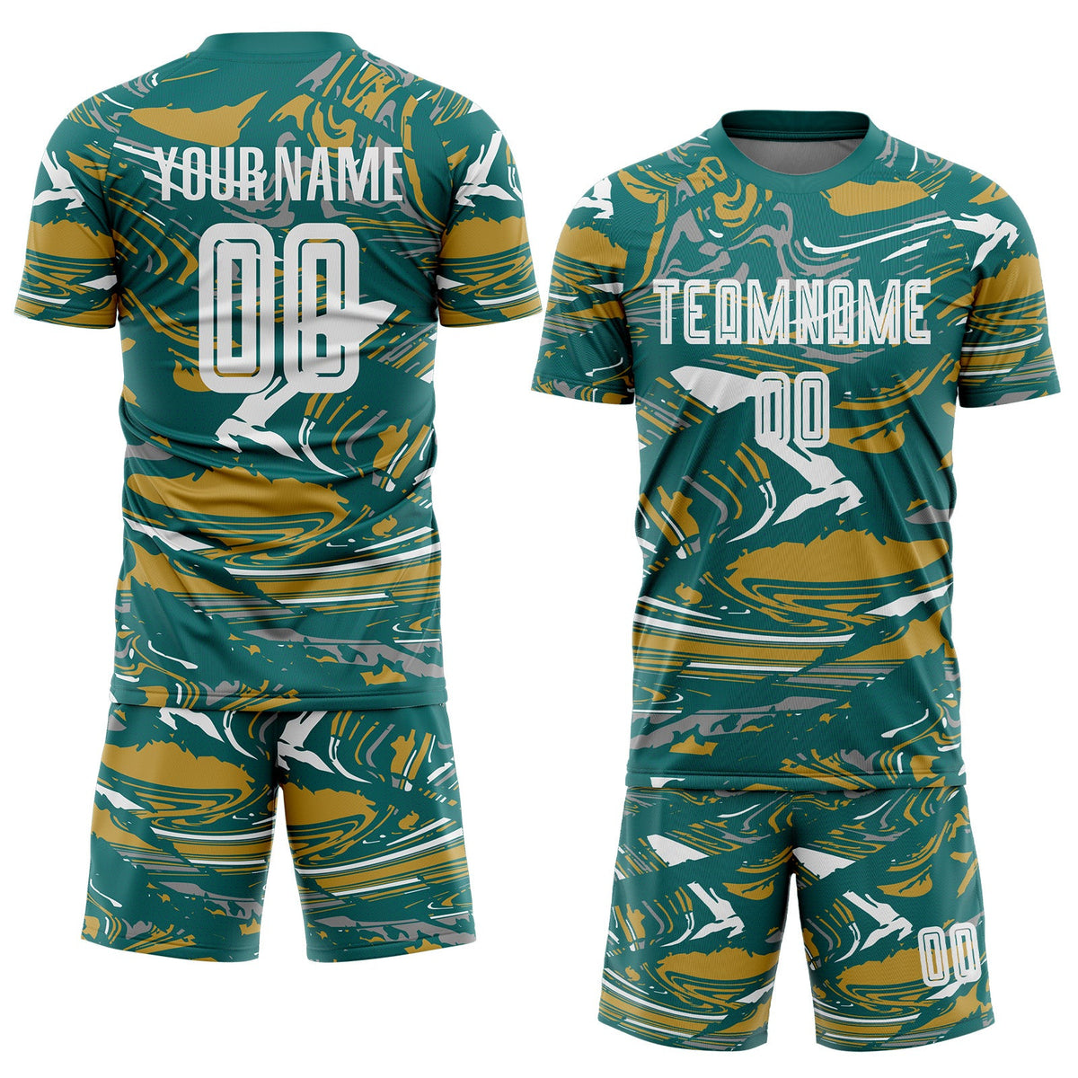 Custom Figure White Teal-Old Gold Fluid Art Splash Sublimation Soccer Uniform Jersey Limited
