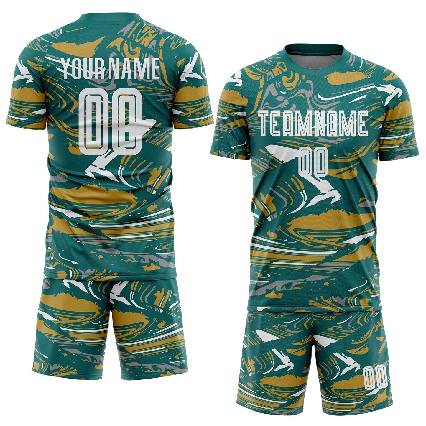 Custom Figure White Teal-Old Gold Fluid Art Splash Sublimation Soccer Uniform Jersey Limited