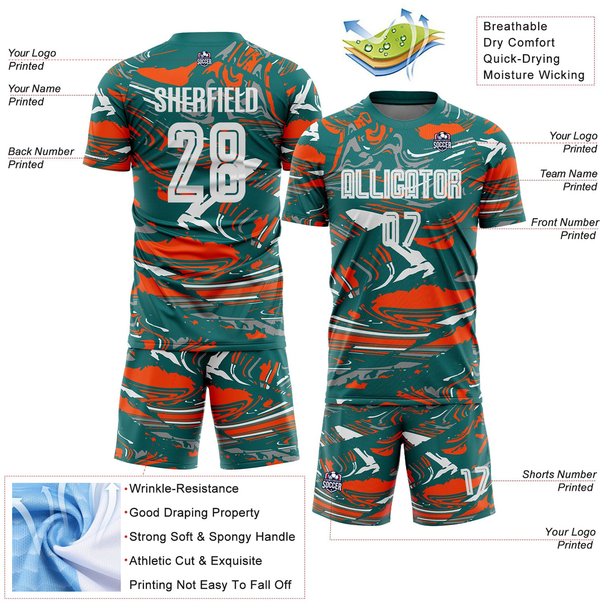Custom Figure White Teal-Orange Fluid Art Splash Sublimation Soccer Uniform Jersey Limited