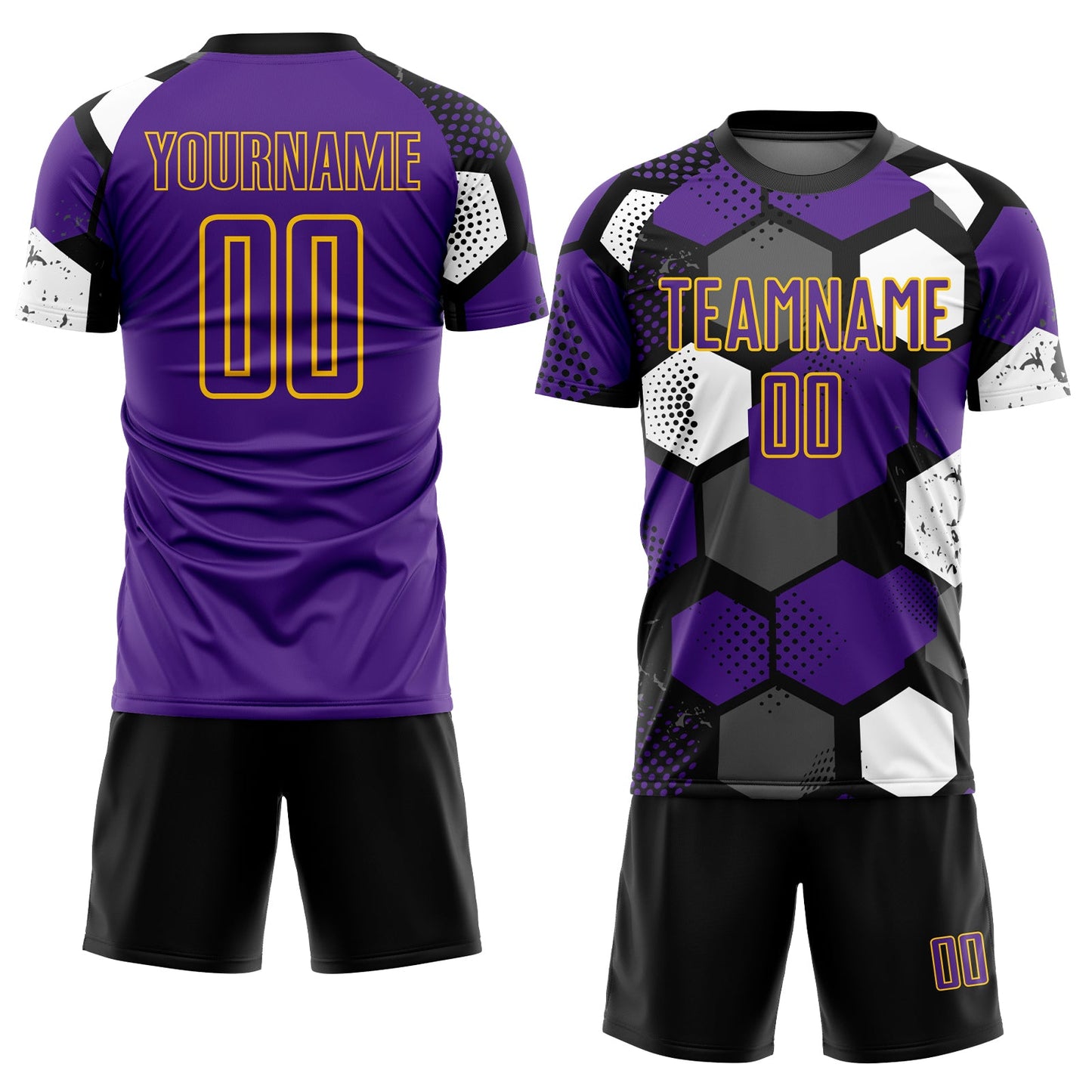 Custom Black Purple White-Yellow Geometric Shape Sublimation Soccer Uniform Jersey Limited