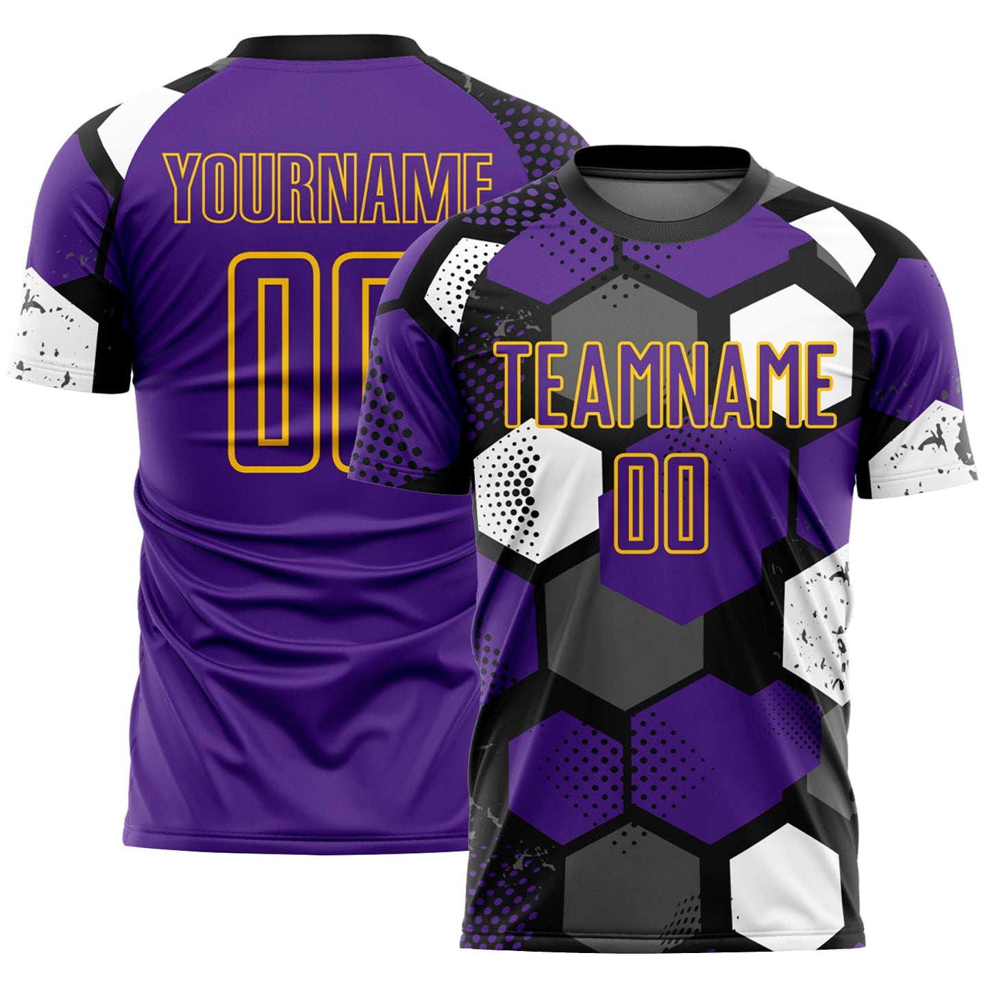 Custom Black Purple White-Yellow Geometric Shape Sublimation Soccer Uniform Jersey