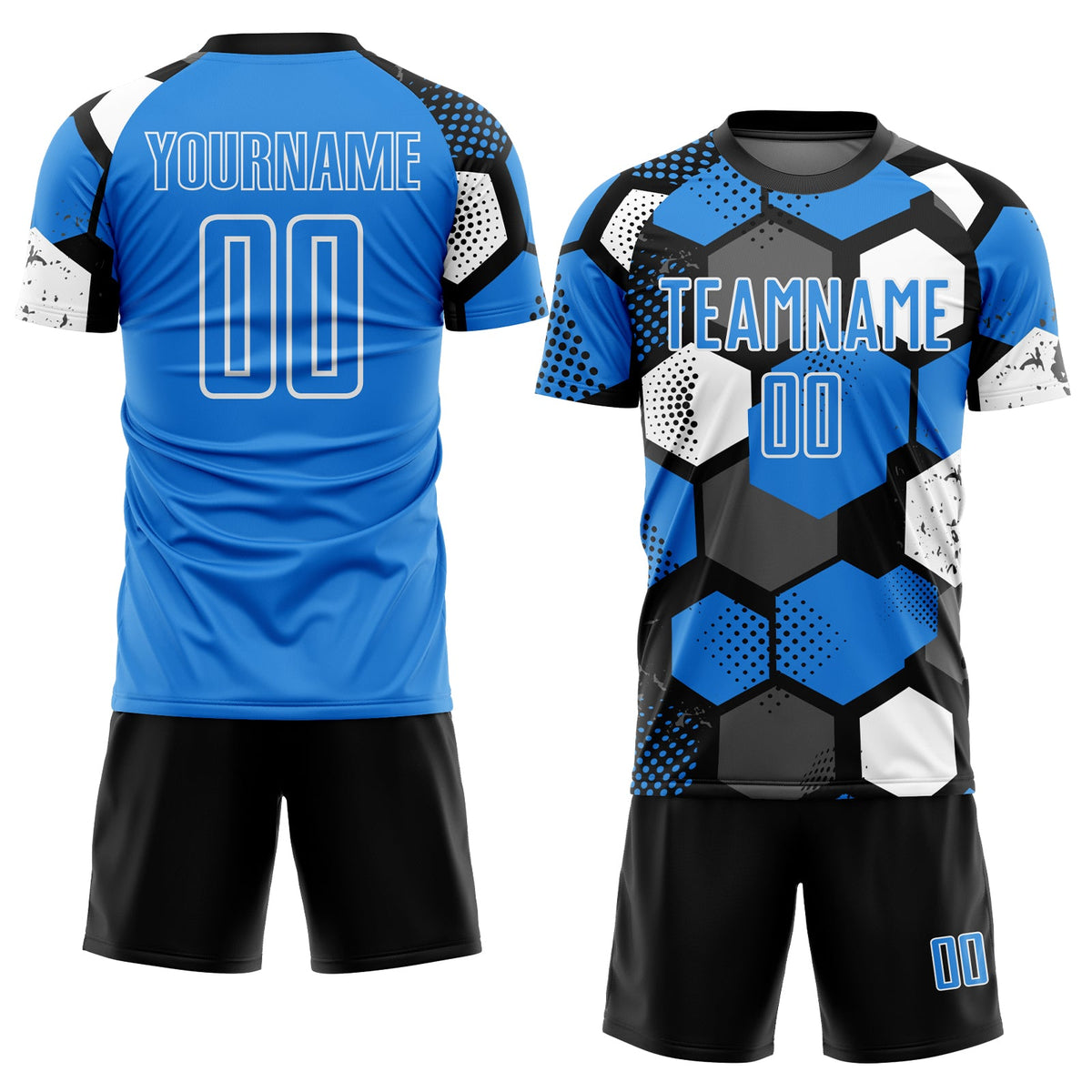 Custom Black Powder Blue-White Geometric Shape Sublimation Soccer Uniform Jersey Limited