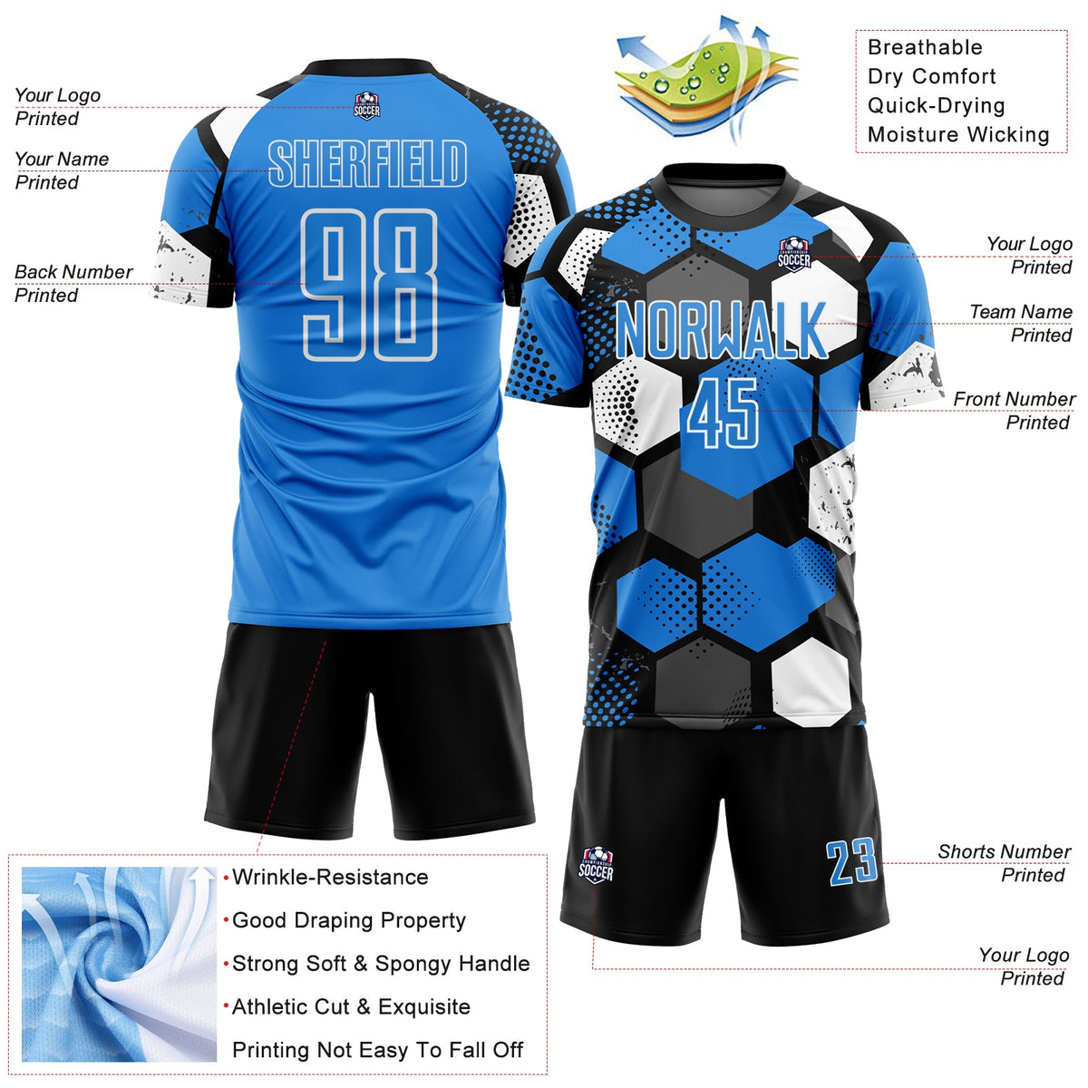 Custom Black Powder Blue-White Geometric Shape Sublimation Soccer Uniform Jersey Limited