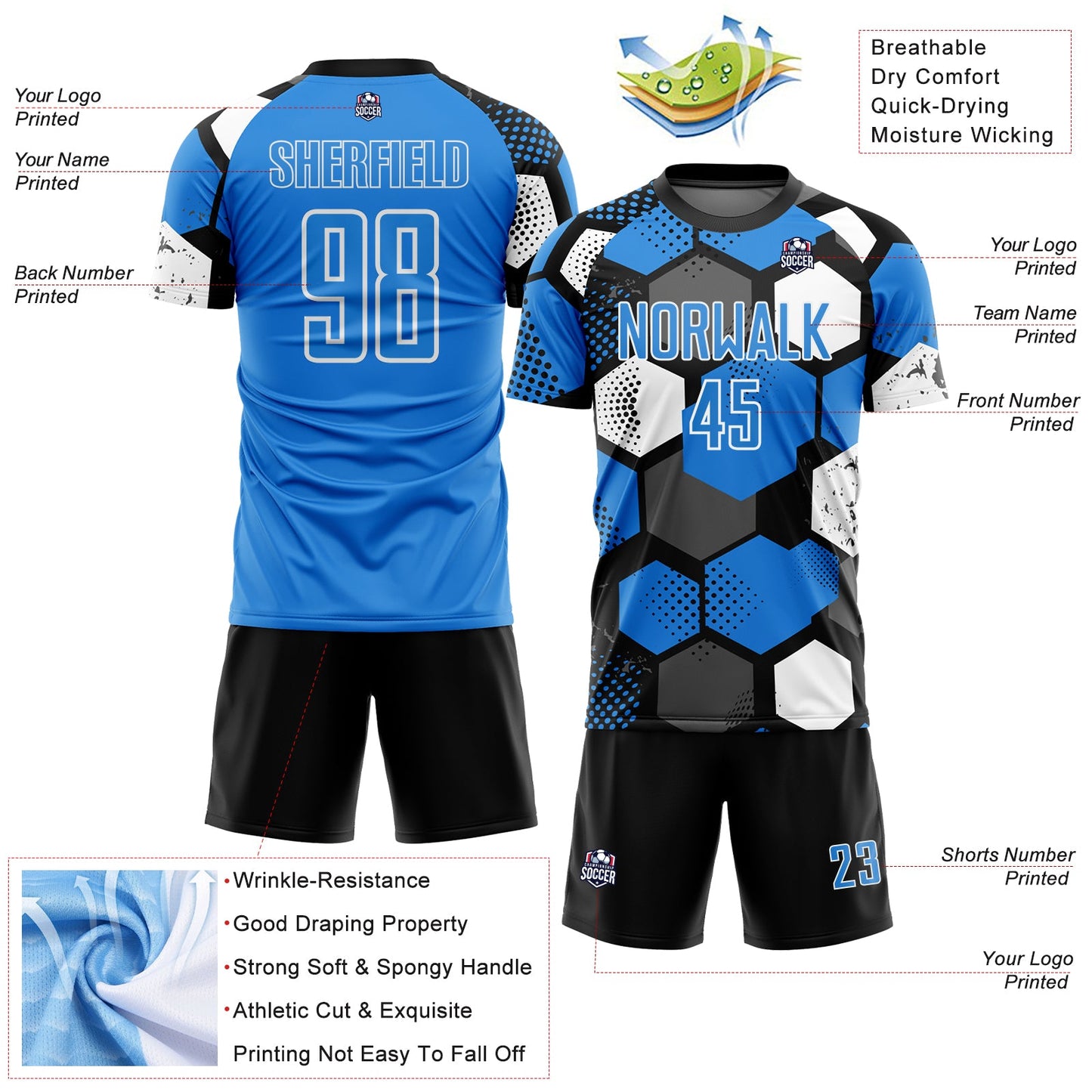 Custom Black Powder Blue-White Geometric Shape Sublimation Soccer Uniform Jersey Limited