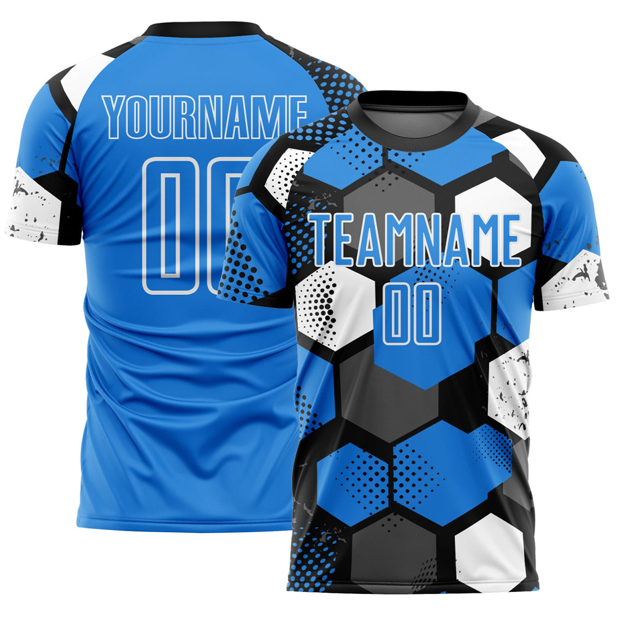 Custom Black Powder Blue-White Geometric Shape Sublimation Soccer Uniform Jersey