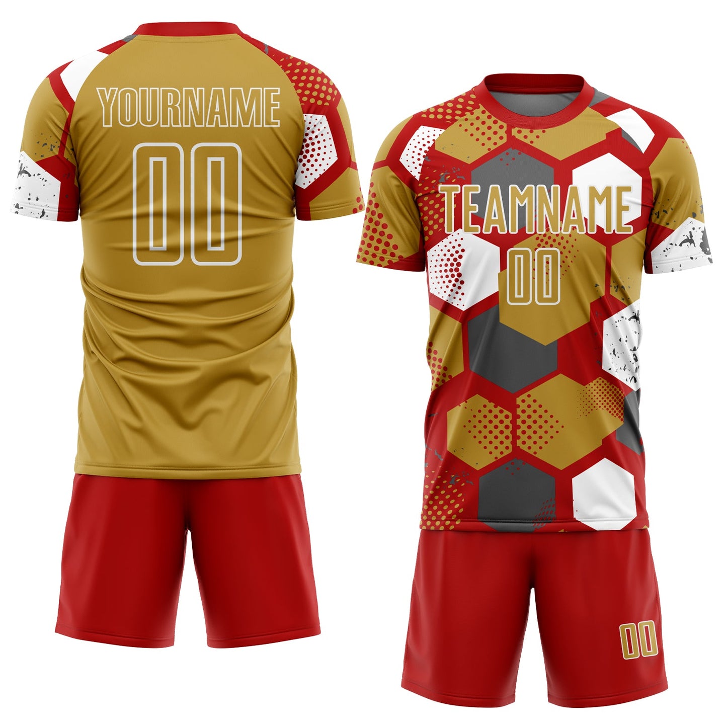 Custom Red Old Gold-White Geometric Shape Sublimation Soccer Uniform Jersey Limited