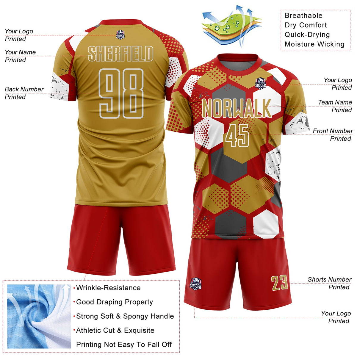Custom Red Old Gold-White Geometric Shape Sublimation Soccer Uniform Jersey Limited