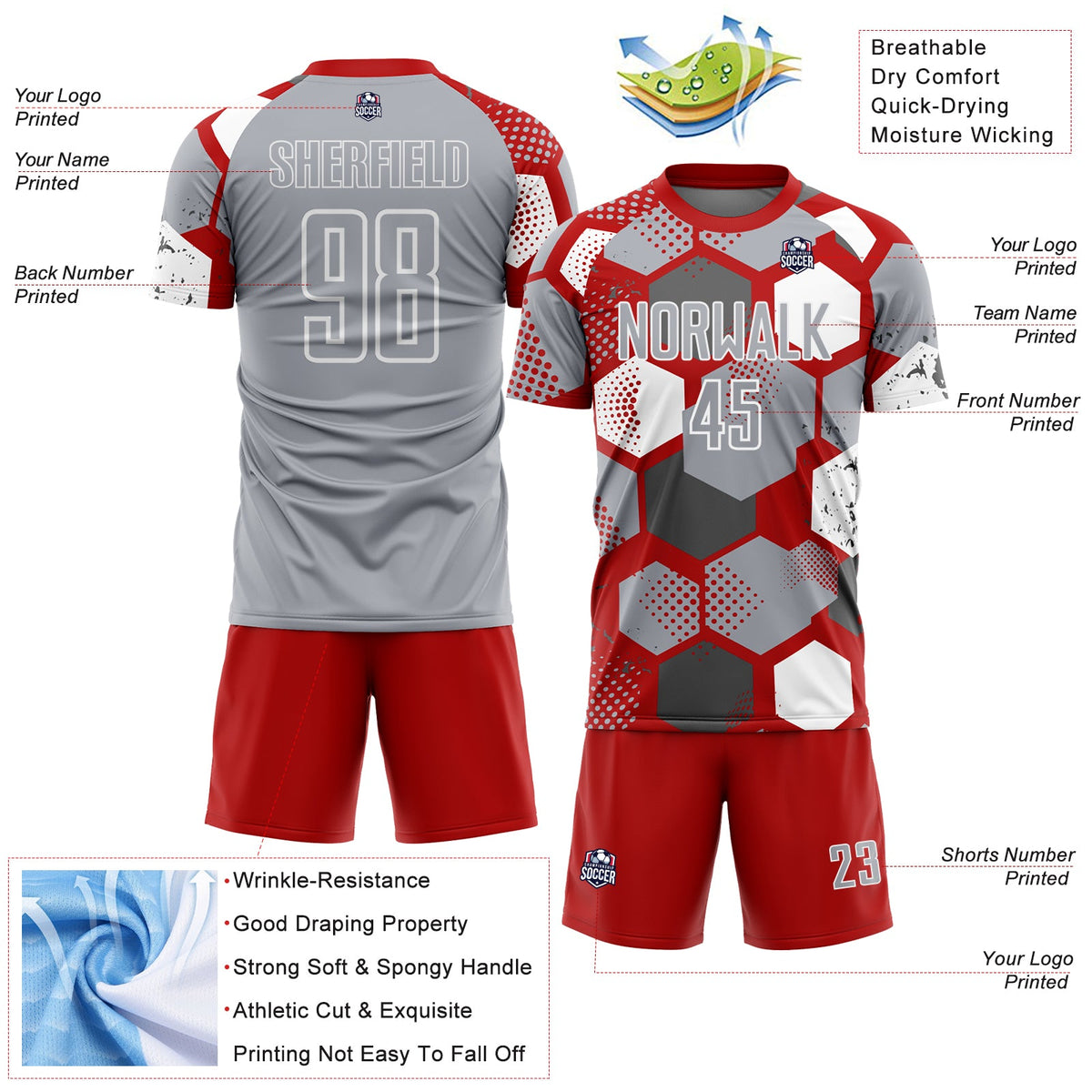 Custom Red Gray-White Geometric Shape Sublimation Soccer Uniform Jersey Limited