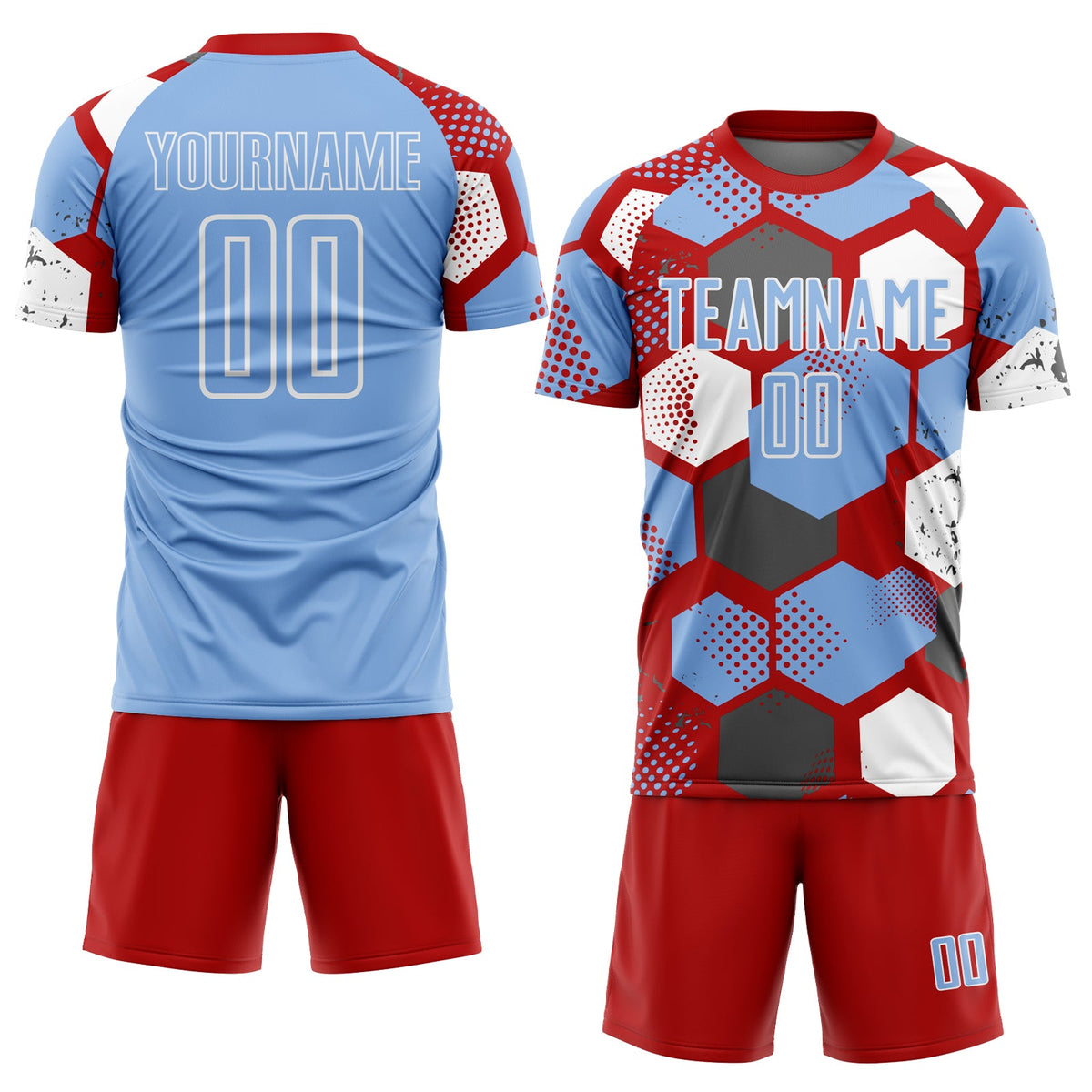 Custom Red Light Blue-White Geometric Shape Sublimation Soccer Uniform Jersey Limited