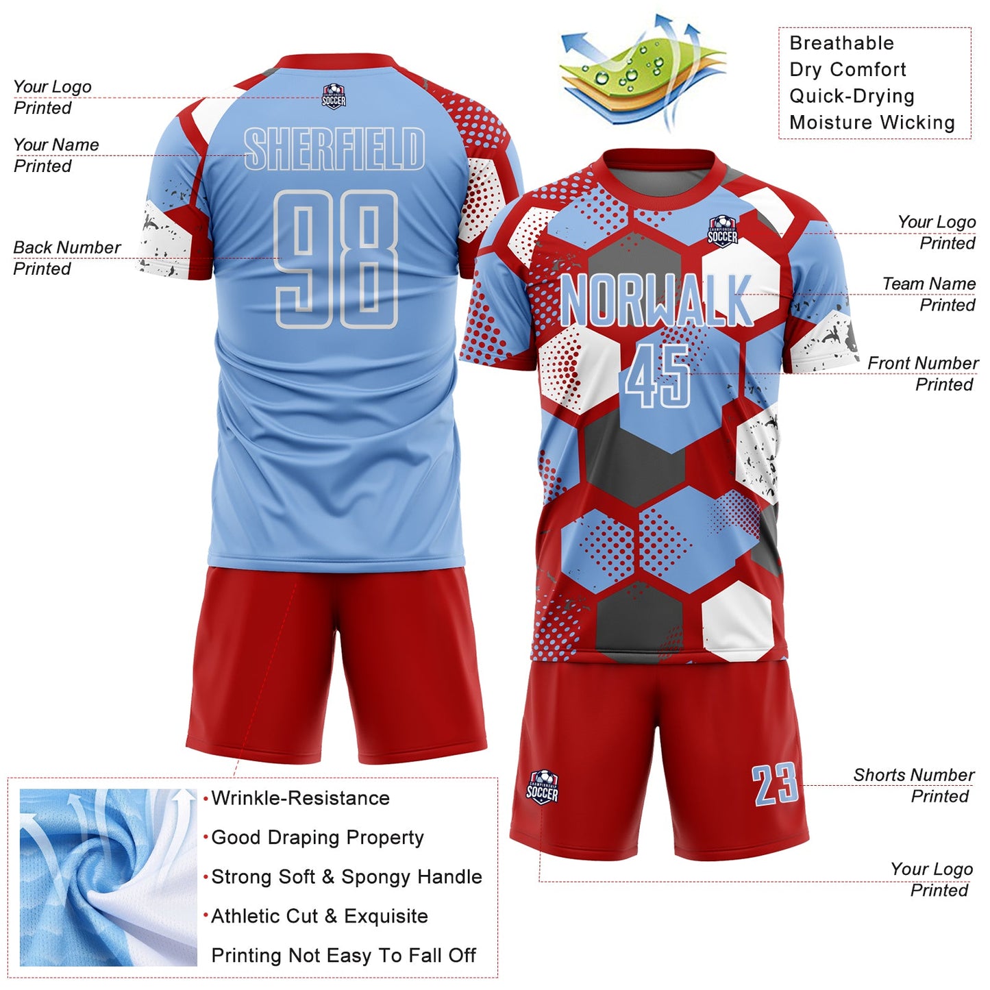Custom Red Light Blue-White Geometric Shape Sublimation Soccer Uniform Jersey Limited
