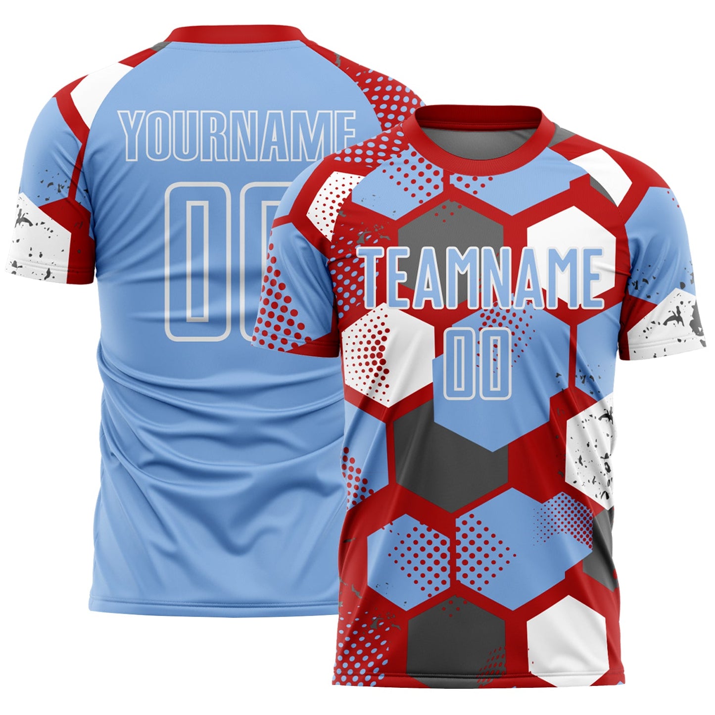 Custom Red Light Blue-White Geometric Shape Sublimation Soccer Uniform Jersey