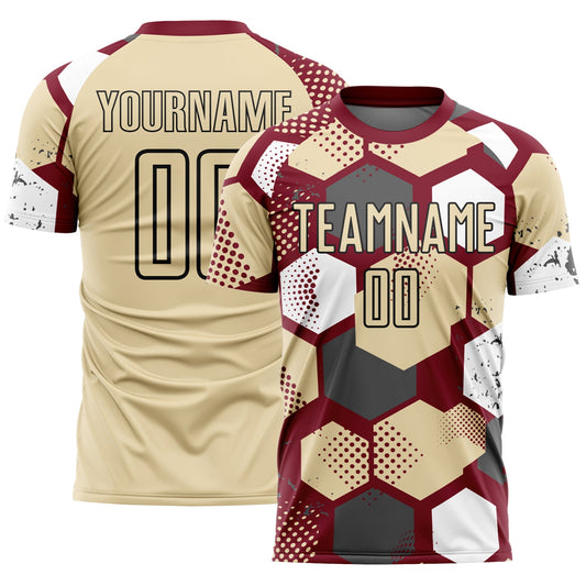 Custom Crimson Cream White-Black Geometric Shape Sublimation Soccer Uniform Jersey