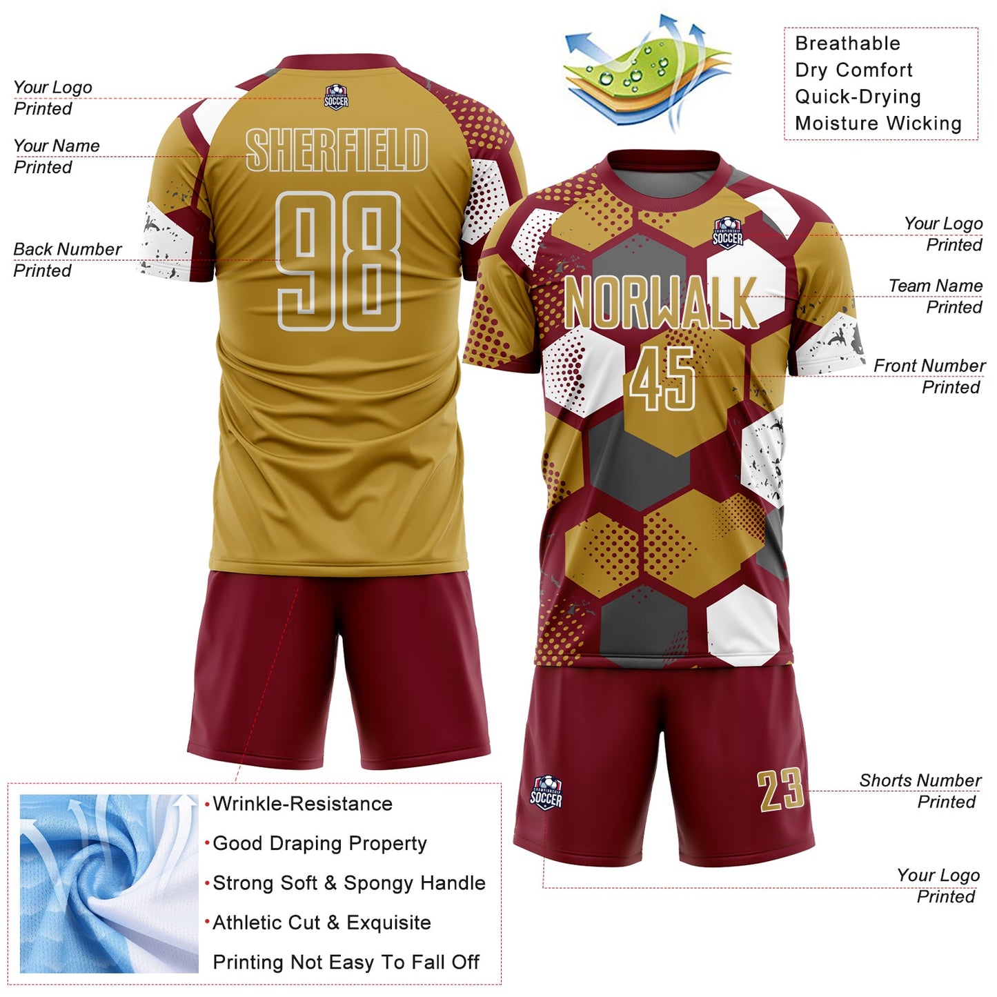 Custom Crimson Old Gold-White Geometric Shape Sublimation Soccer Uniform Jersey Limited