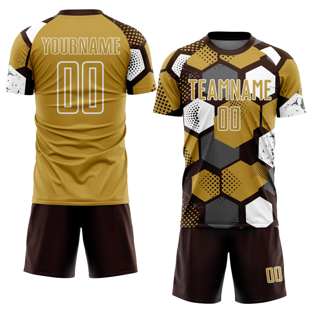 Custom Brown Old Gold-White Geometric Shape Sublimation Soccer Uniform Jersey Limited