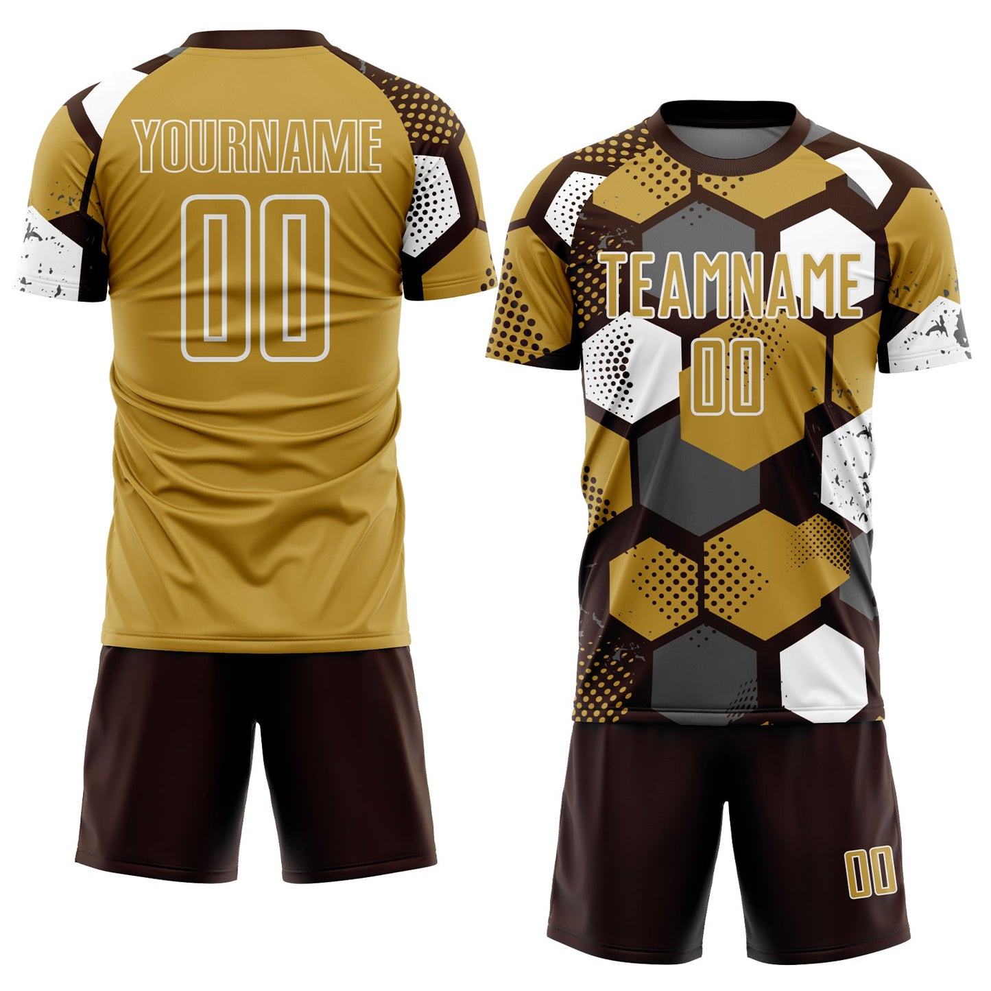 Custom Brown Old Gold-White Geometric Shape Sublimation Soccer Uniform Jersey Limited