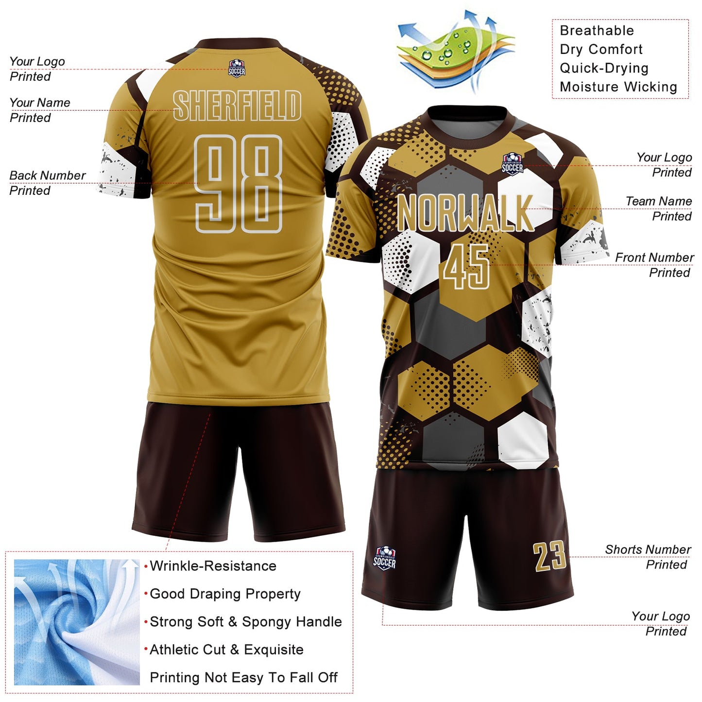 Custom Brown Old Gold-White Geometric Shape Sublimation Soccer Uniform Jersey Limited