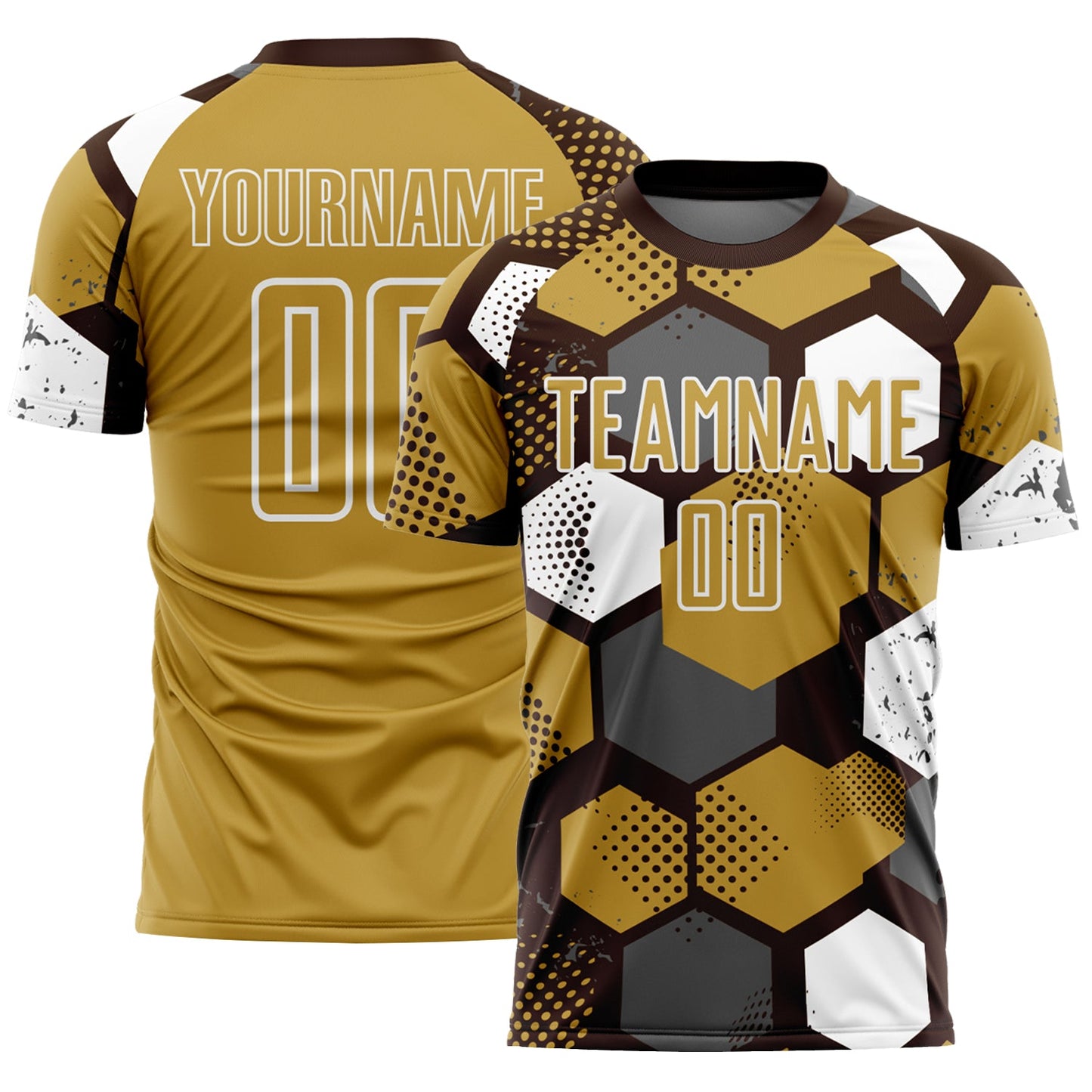 Custom Brown Old Gold-White Geometric Shape Sublimation Soccer Uniform Jersey
