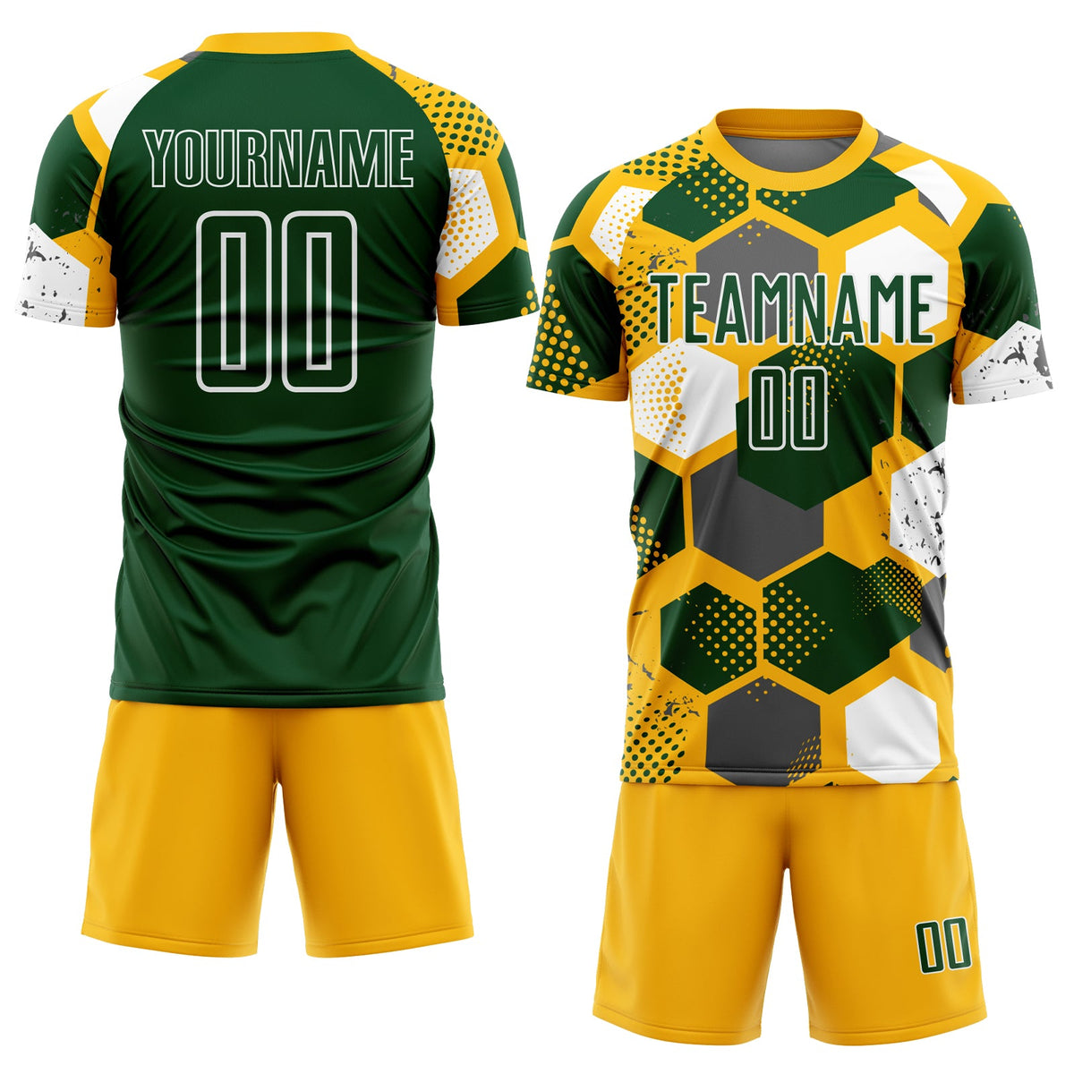 Custom Gold Green-White Geometric Shape Sublimation Soccer Uniform Jersey Limited