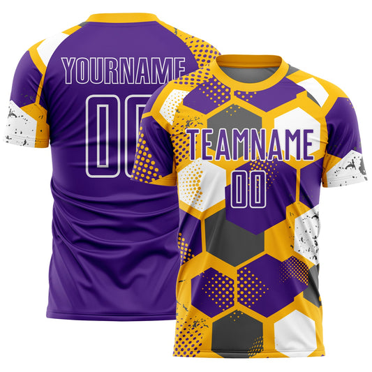 Custom Gold Purple-White Geometric Shape Sublimation Soccer Uniform Jersey