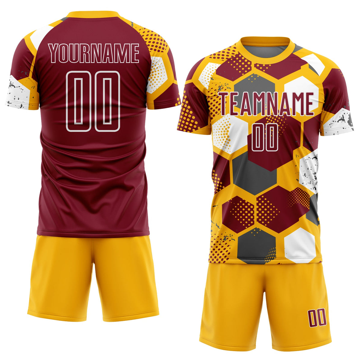 Custom Gold Crimson-White Geometric Shape Sublimation Soccer Uniform Jersey Limited