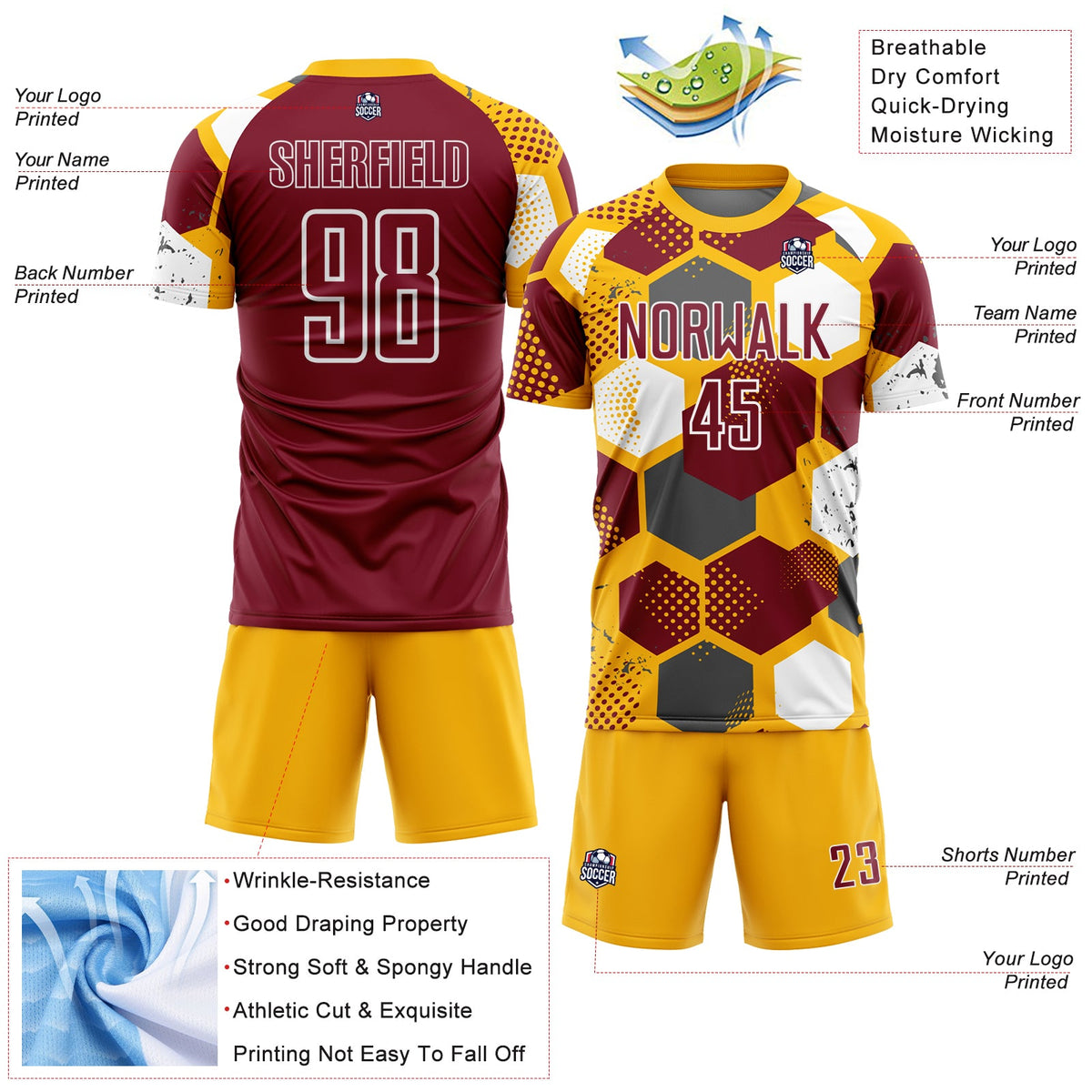 Custom Gold Crimson-White Geometric Shape Sublimation Soccer Uniform Jersey Limited