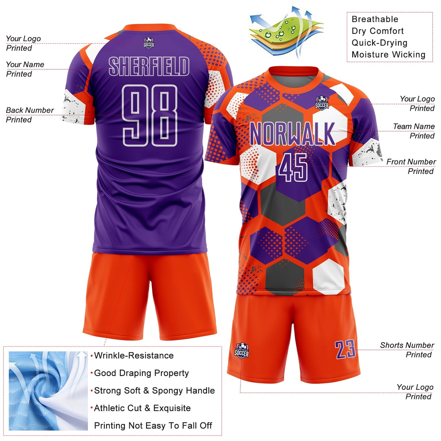 Custom Orange Purple-White Geometric Shape Sublimation Soccer Uniform Jersey Limited