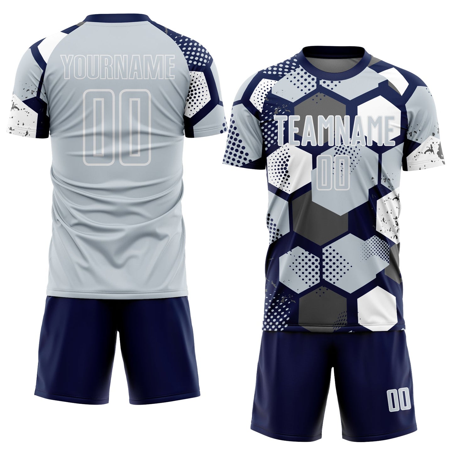 Custom Navy Silver-White Geometric Shape Sublimation Soccer Uniform Jersey Limited