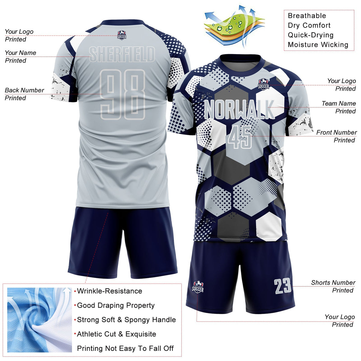 Custom Navy Silver-White Geometric Shape Sublimation Soccer Uniform Jersey Limited