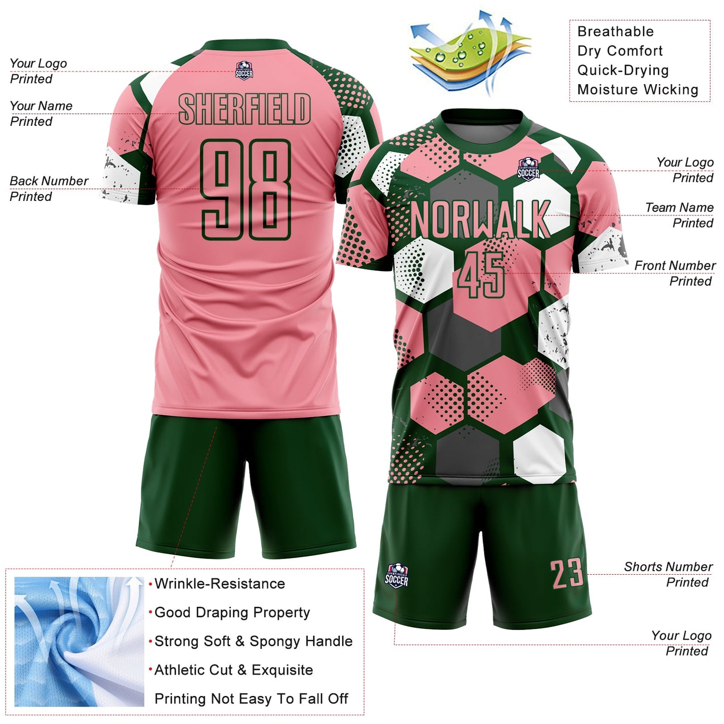 Custom Green Medium Pink-White Geometric Shape Sublimation Soccer Uniform Jersey Limited