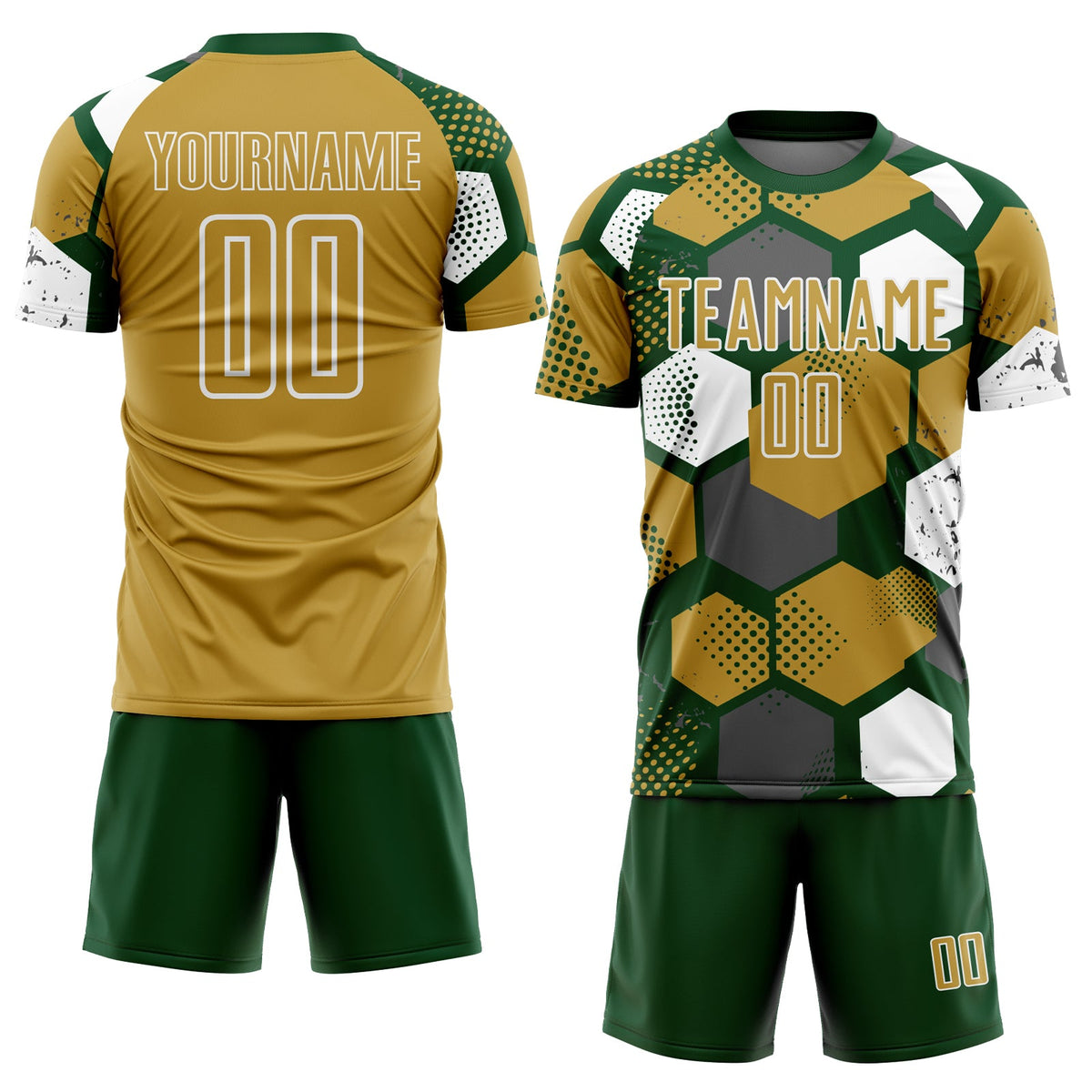 Custom Green Old Gold-White Geometric Shape Sublimation Soccer Uniform Jersey Limited