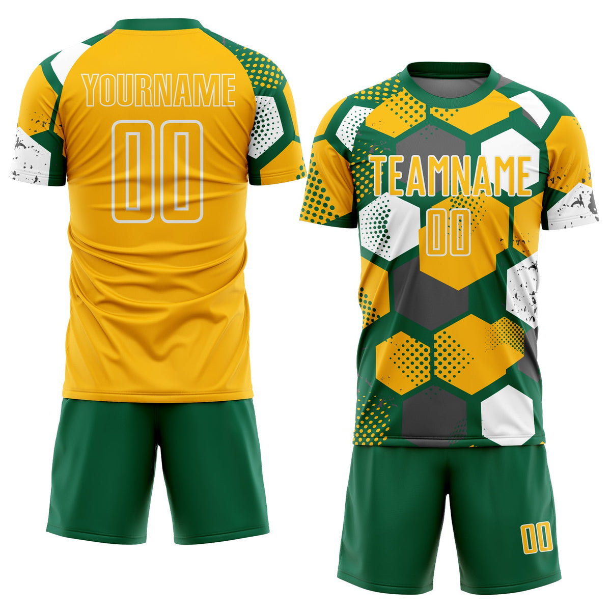 Custom Kelly Green Gold-White Geometric Shape Sublimation Soccer Uniform Jersey Limited