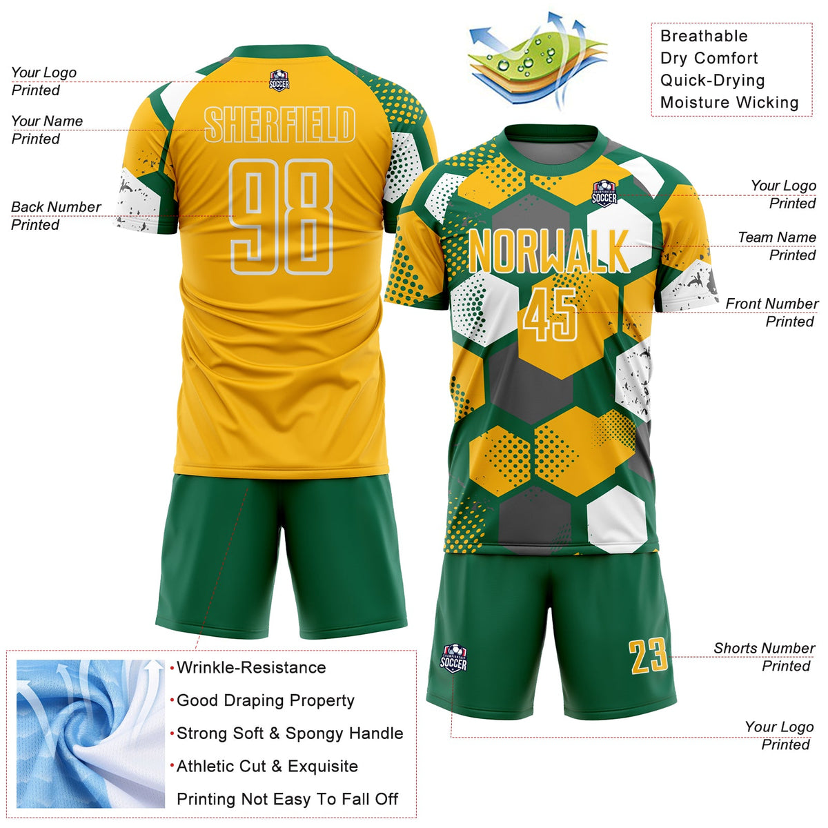 Custom Kelly Green Gold-White Geometric Shape Sublimation Soccer Uniform Jersey Limited
