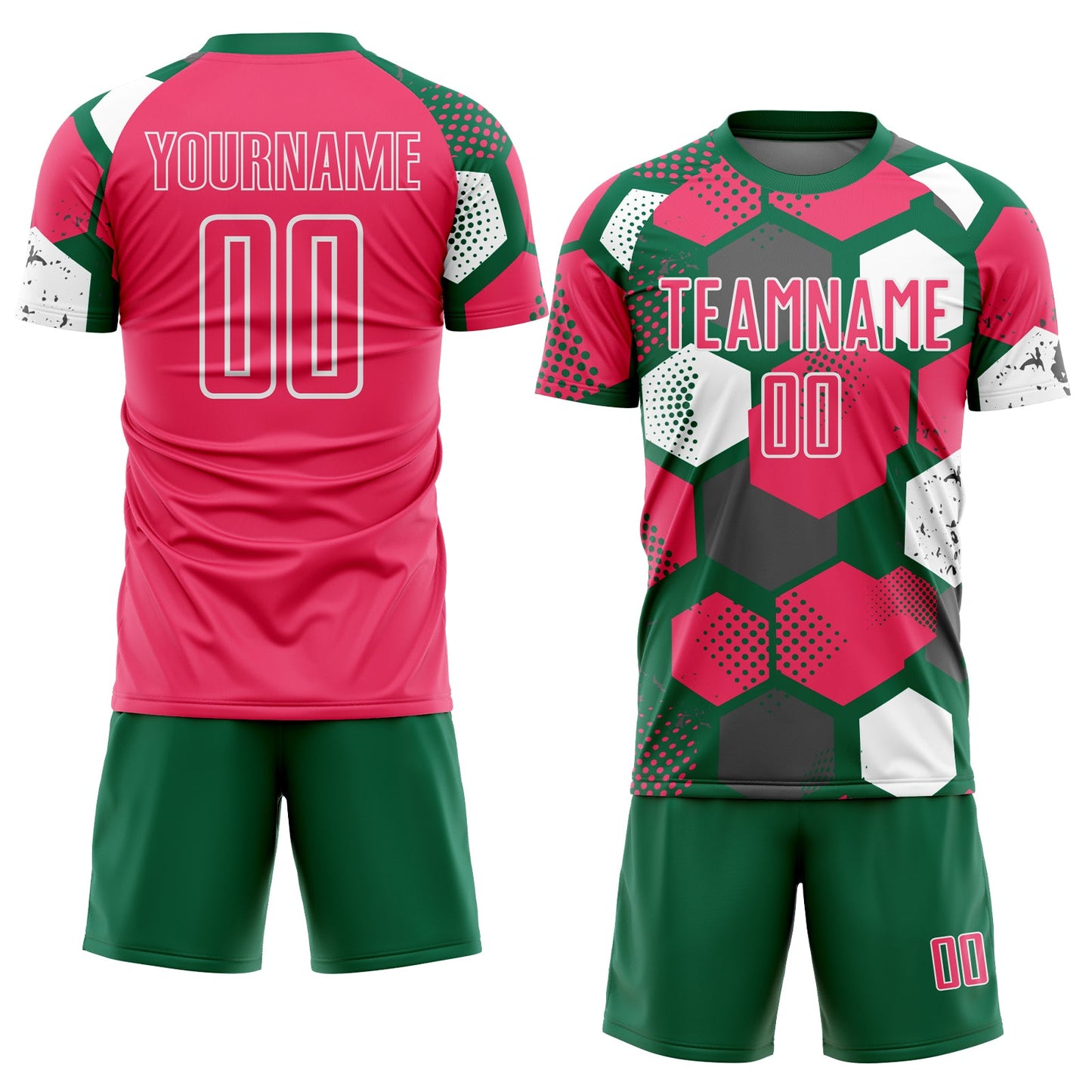 Custom Kelly Green Neon Pink-White Geometric Shape Sublimation Soccer Uniform Jersey Limited