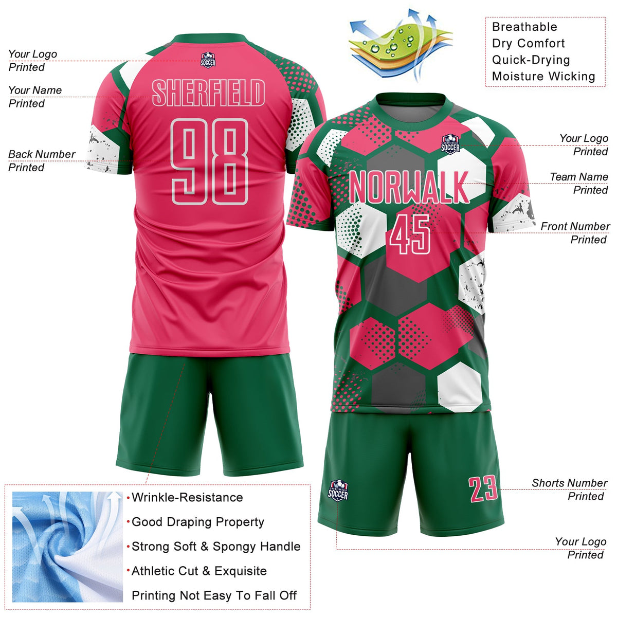 Custom Kelly Green Neon Pink-White Geometric Shape Sublimation Soccer Uniform Jersey Limited