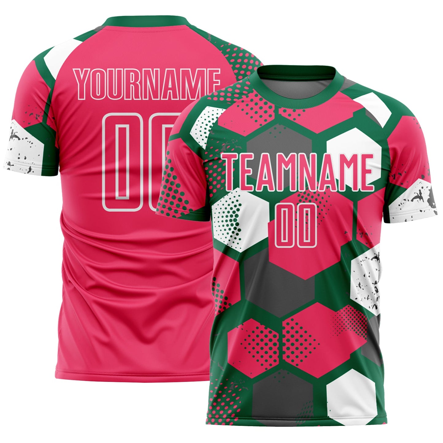 Custom Kelly Green Neon Pink-White Geometric Shape Sublimation Soccer Uniform Jersey