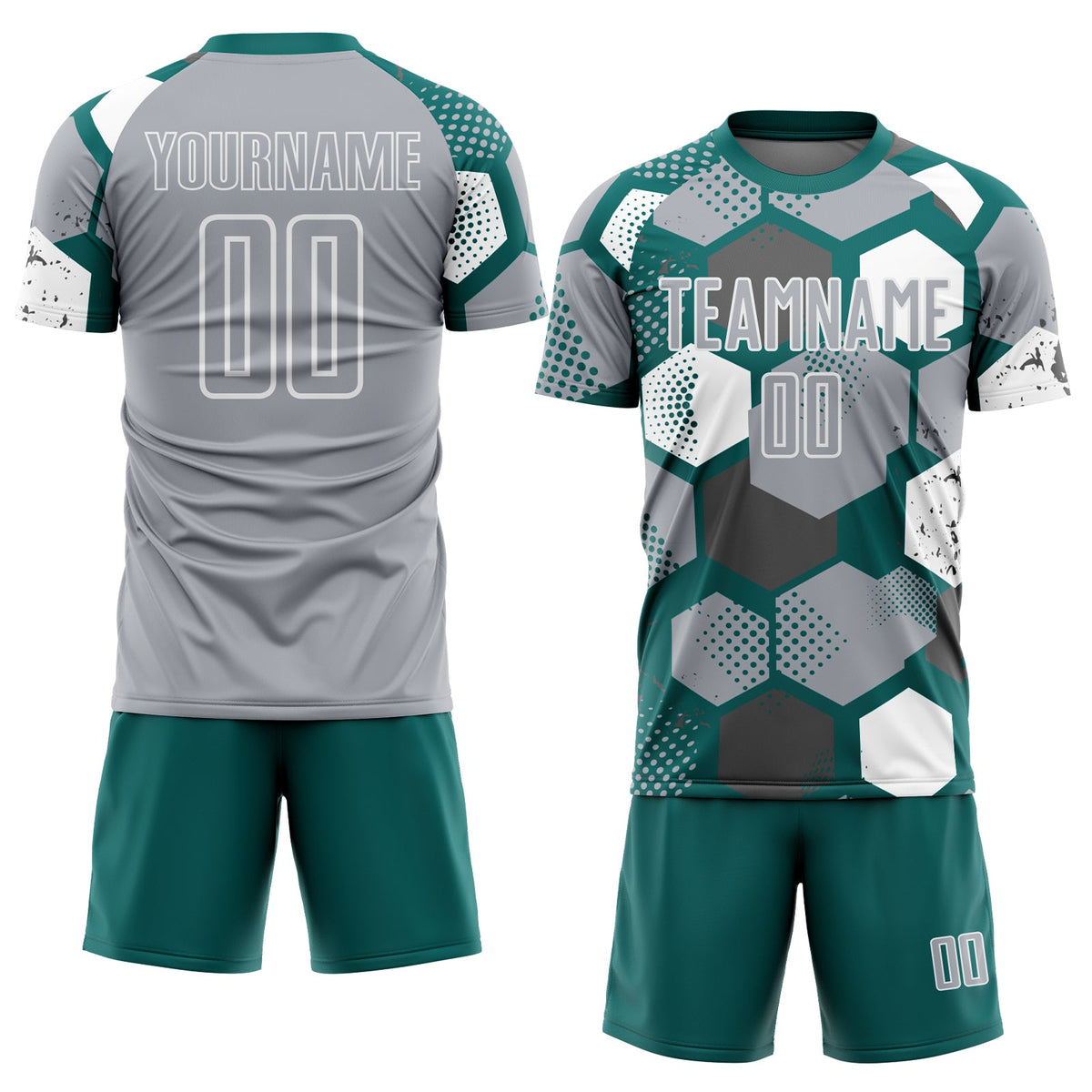 Custom Teal Gray-White Geometric Shape Sublimation Soccer Uniform Jersey Limited