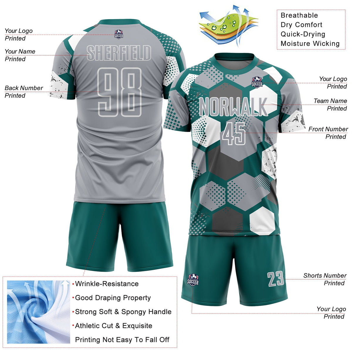 Custom Teal Gray-White Geometric Shape Sublimation Soccer Uniform Jersey Limited