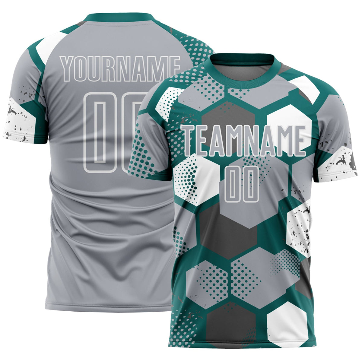 Custom Teal Gray-White Geometric Shape Sublimation Soccer Uniform Jersey