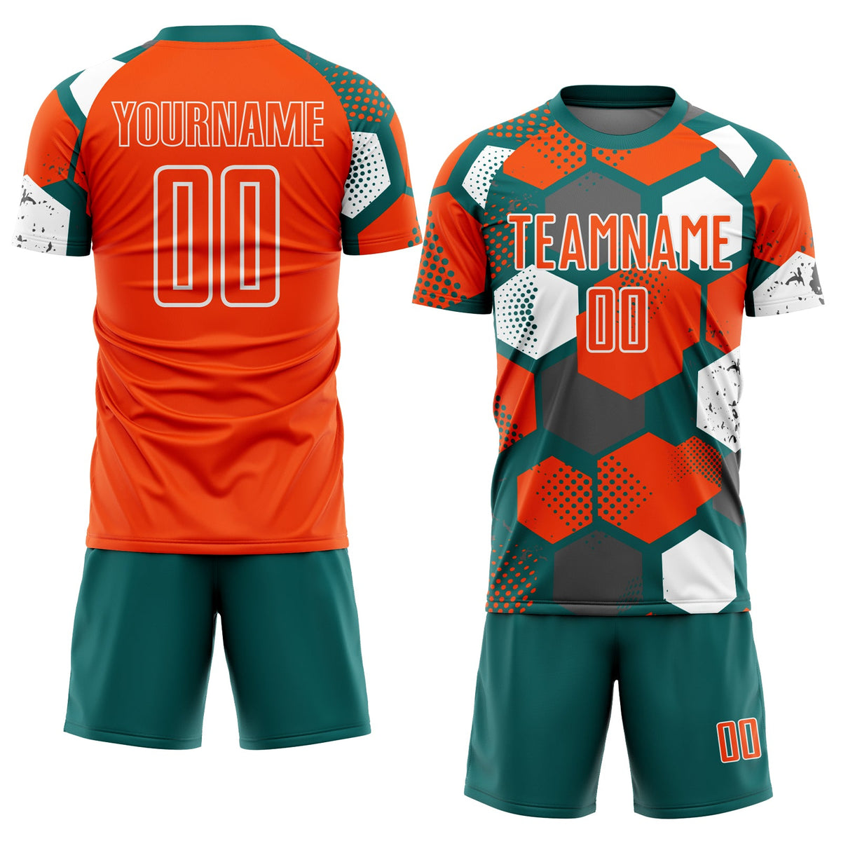 Custom Teal Orange-White Geometric Shape Sublimation Soccer Uniform Jersey Limited