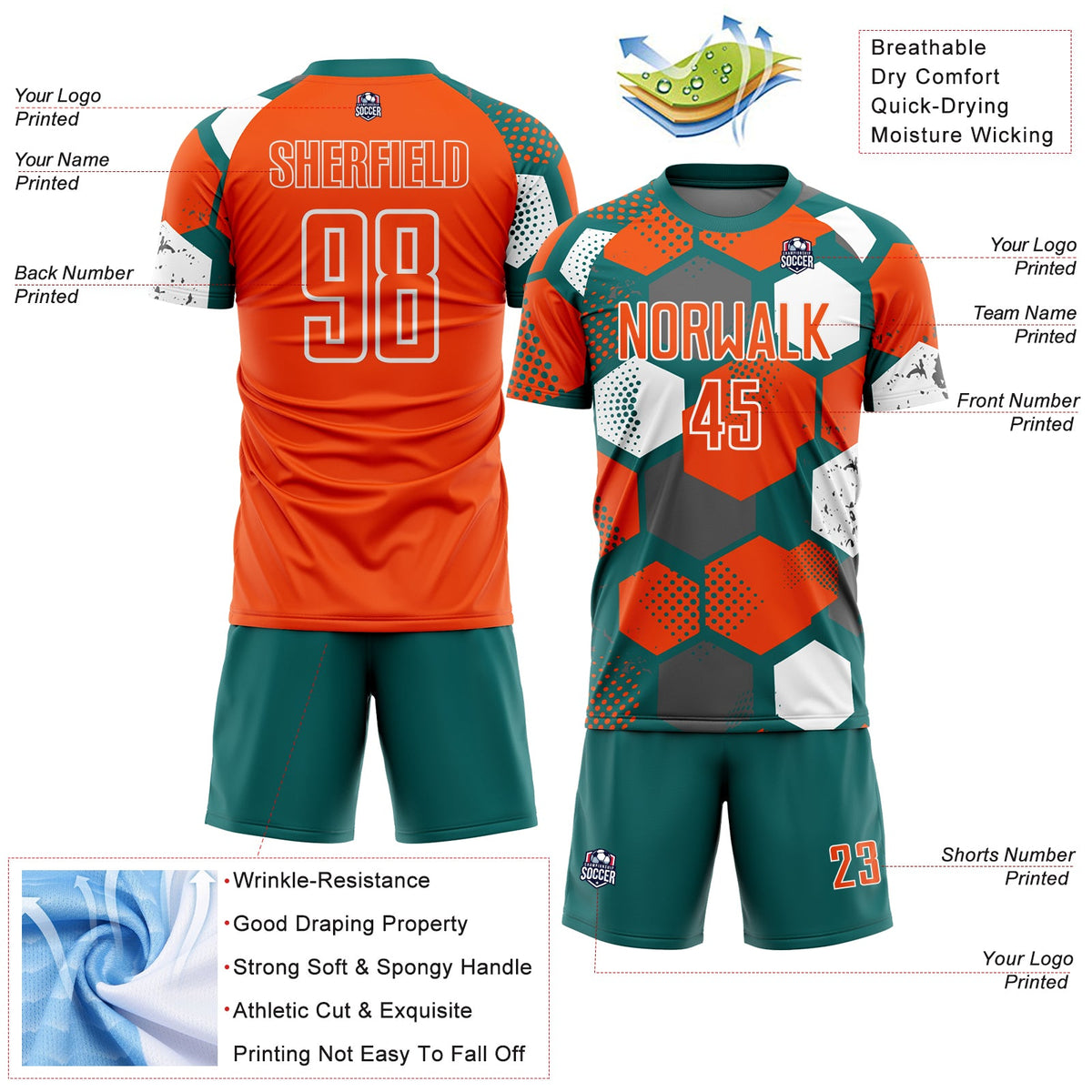 Custom Teal Orange-White Geometric Shape Sublimation Soccer Uniform Jersey Limited
