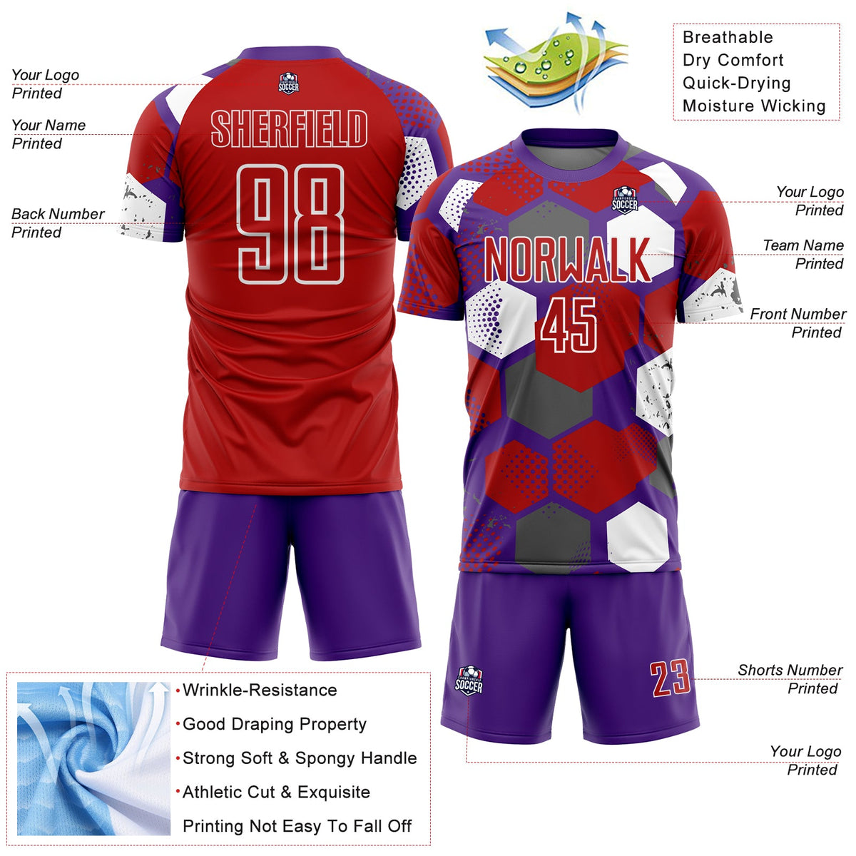 Custom Purple Red-White Geometric Shape Sublimation Soccer Uniform Jersey Limited