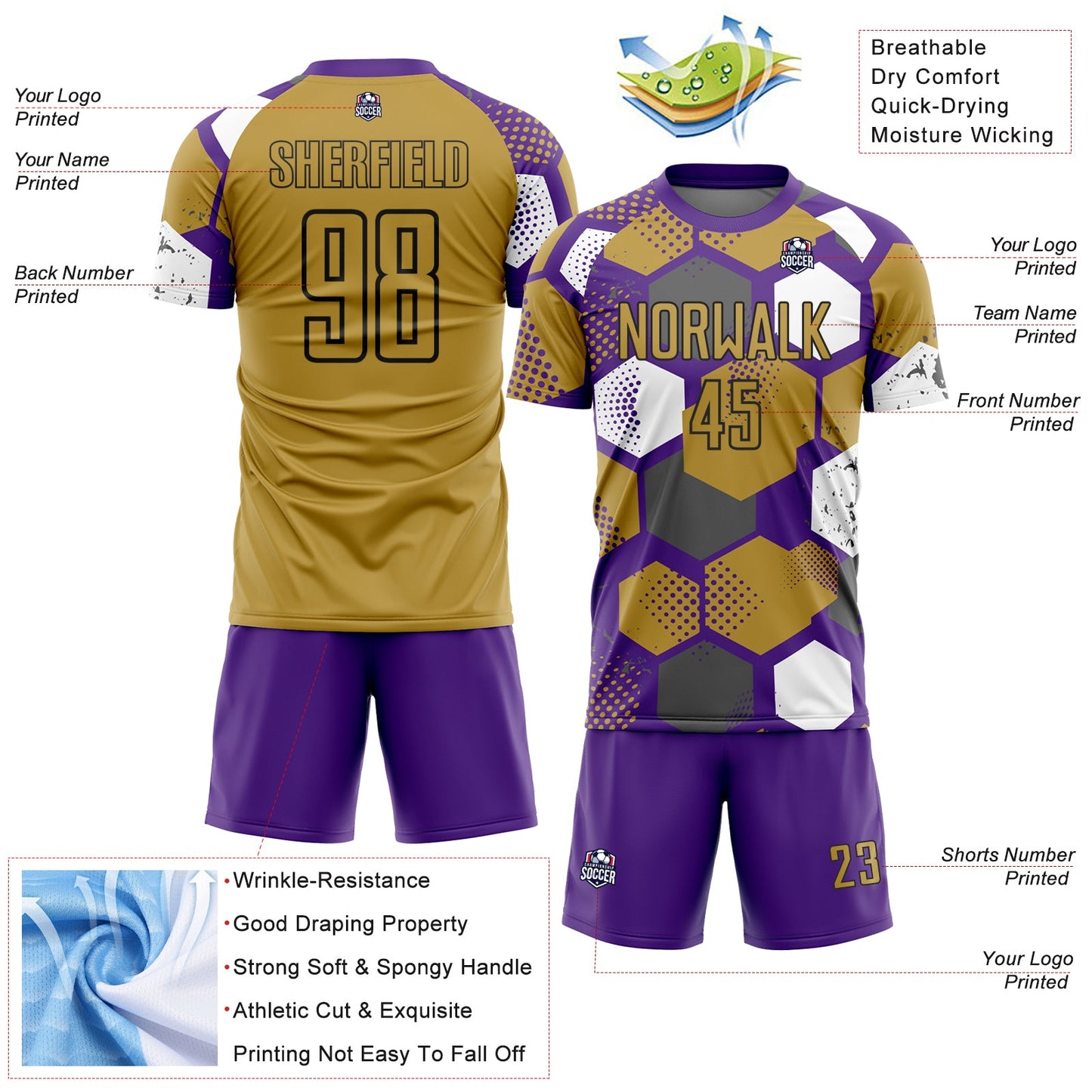 Custom Purple Old Gold White-Black Geometric Shape Sublimation Soccer Uniform Jersey Limited